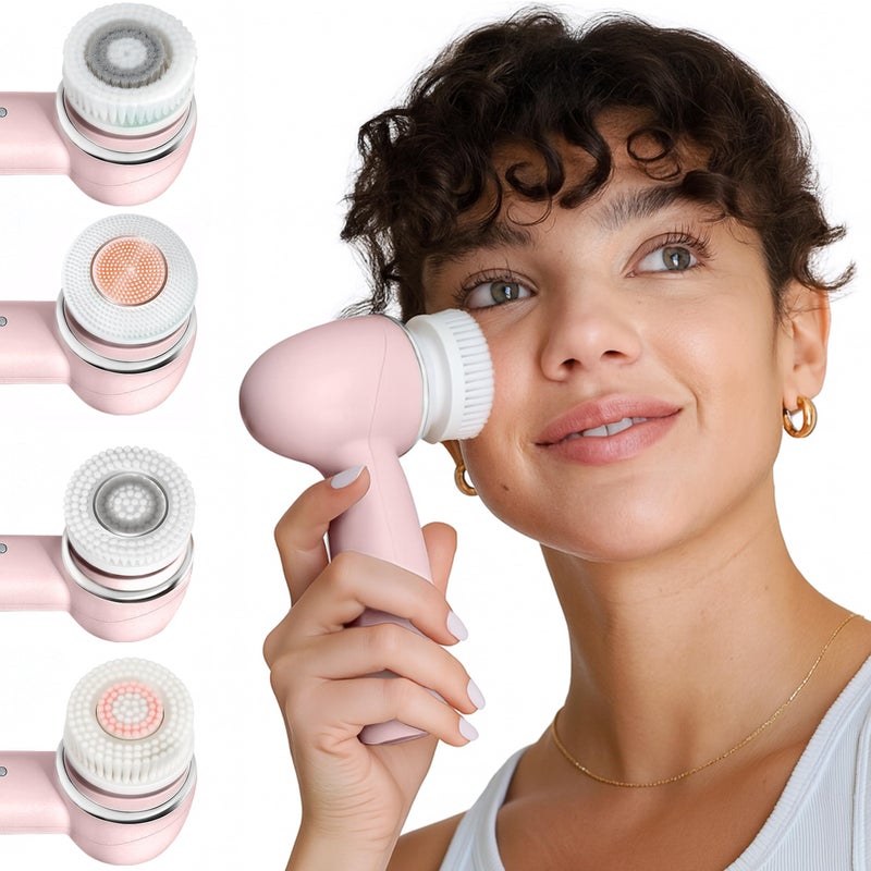 Vanity Planet Raedia 2.0 Facial Cleansing Brush, 4 Interchangeable Brush Heads, Pink - Daily Cleansing Face Exfoliator for Glowing & Acne Prone Skin - Lightweight Silicone Water-Resistant Body Brush - Image 1